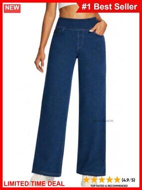 Wide Leg Pull On Jeans High Waist Stretch Denim 5 Pockets